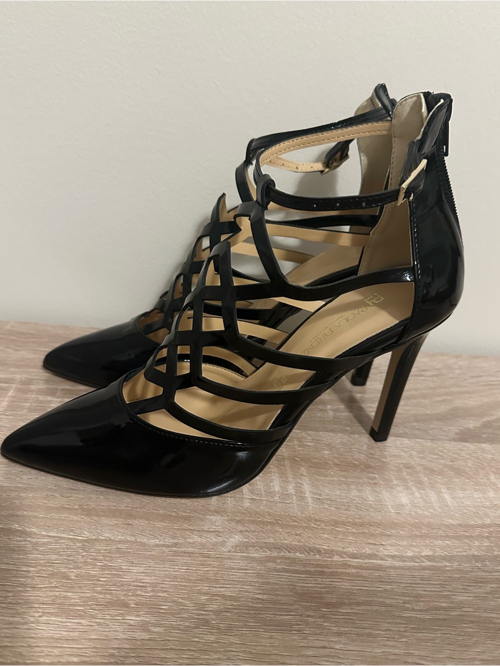 Paola Firenze Italian Black Strappy Patent Pointed-Toe Stiletto Heels
